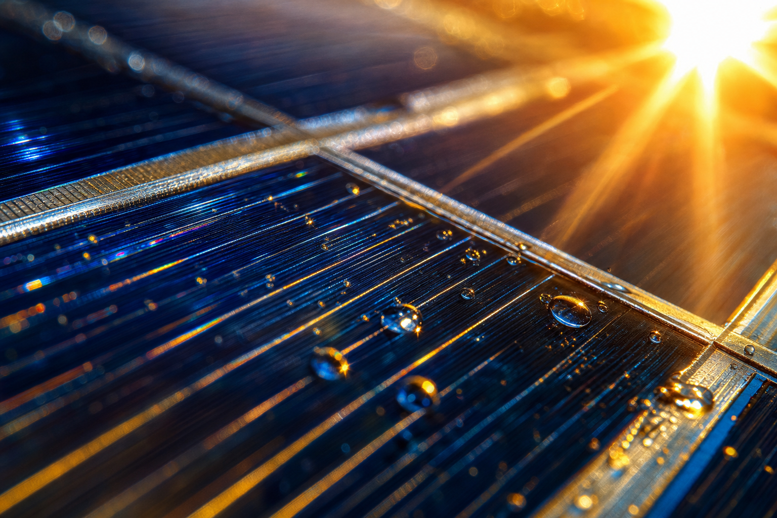 Extreme macro of a monocrystalline solar cell, deep indigo silicon crossed by silver busbars with a golden sun flare
