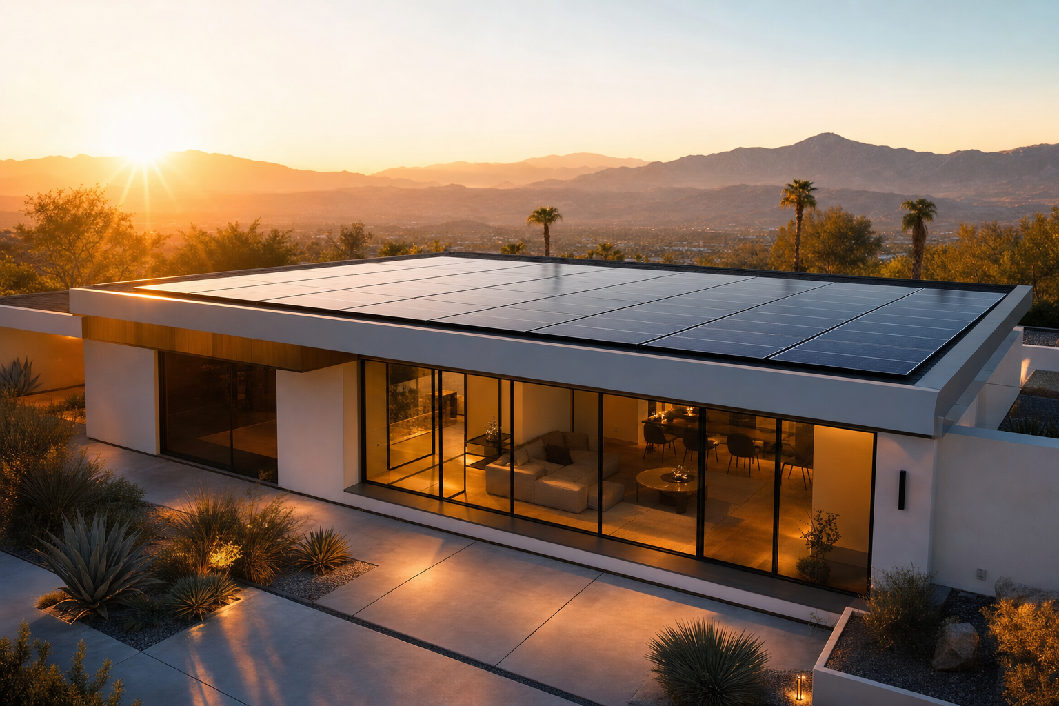 A modern single-story California house at sunrise, its flat roof fully covered in dark solar panels, warm dawn light on white walls